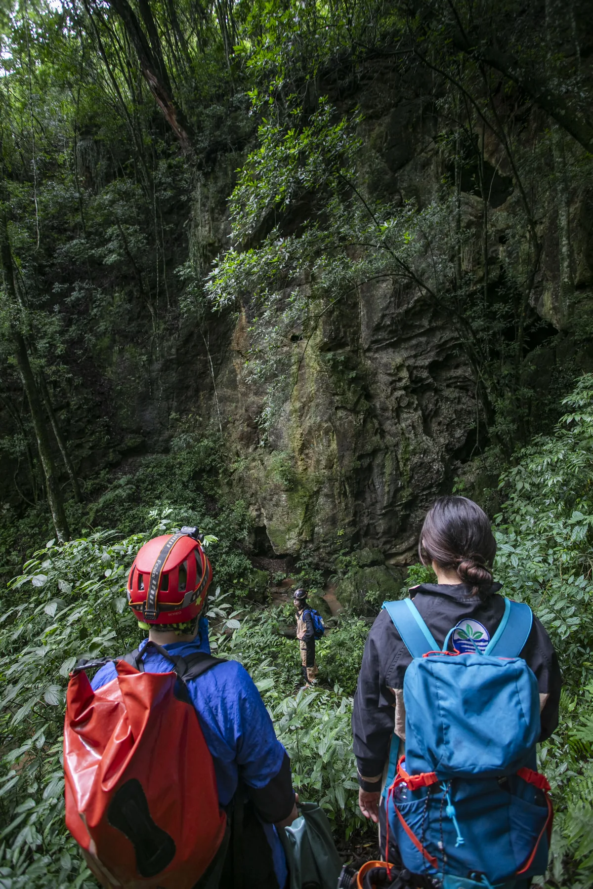Equipe em trabalho de campo em área natural com formação rochosa